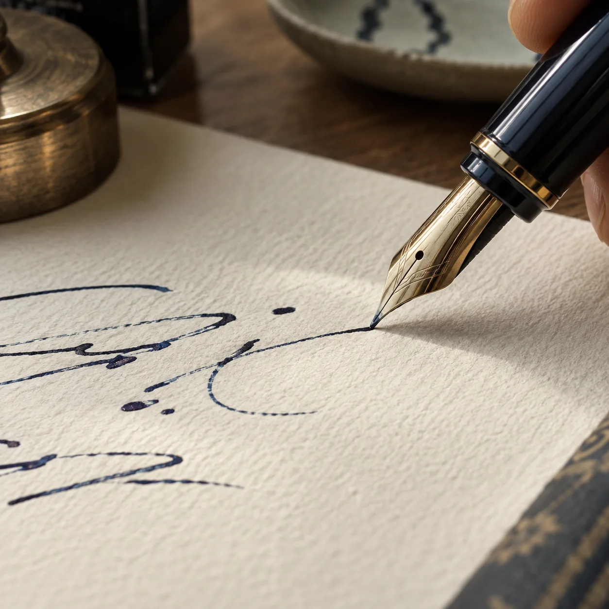 Editorial close view of a generic fountain pen nib and blue-black ink on textured paper
