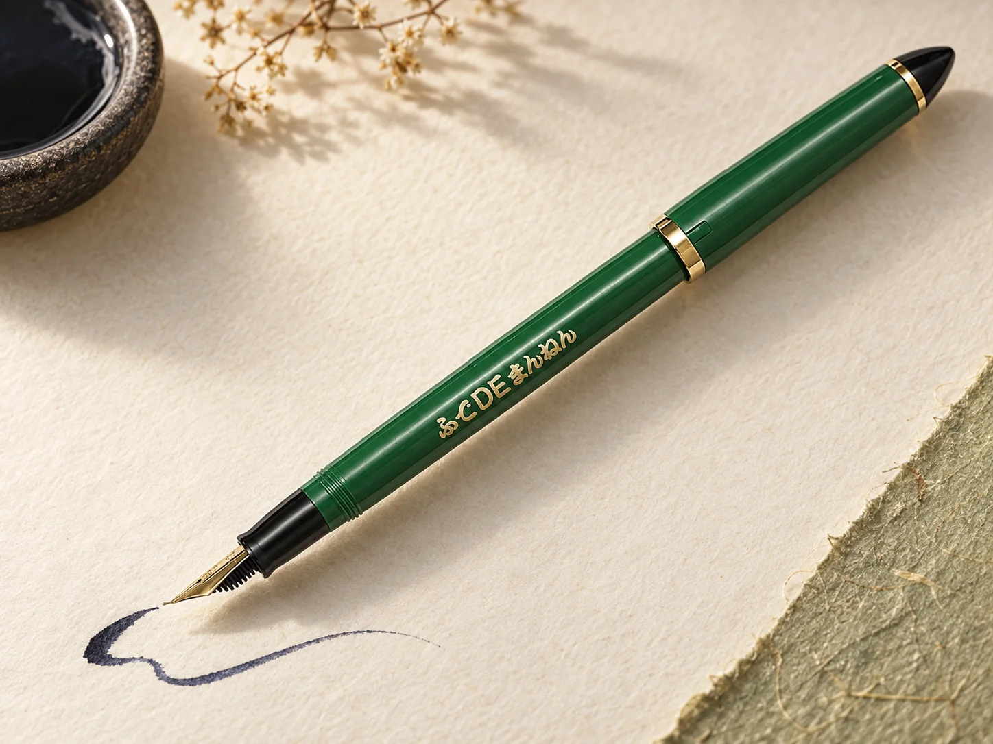 Sailor Fude de Mannen green 55 degree fountain pen on writing paper